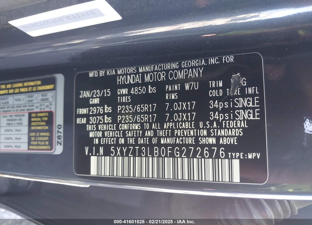2015 HYUNDAI SANTA FE SPORT 2.4L VIN: 5XYZT3LB0FG272676
