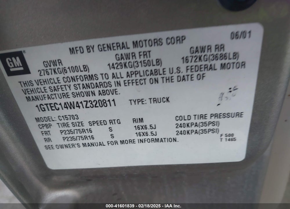 2001 GMC SIERRA 1500 SL VIN: 1GTEC14W41Z320811