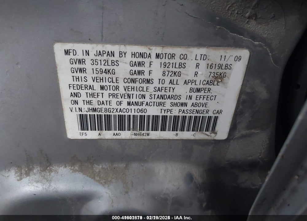 2010 HONDA FIT VIN: JHMGE8G2XAC011060
