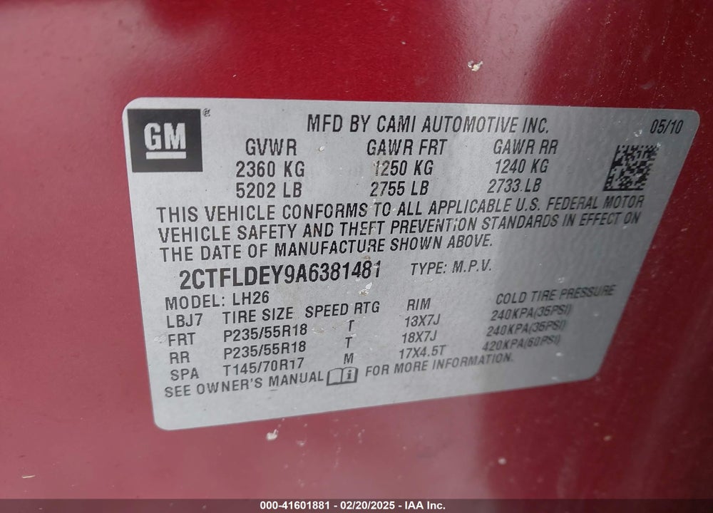 2010 GMC TERRAIN SLE-2 VIN: 2CTFLDEY9A6381481