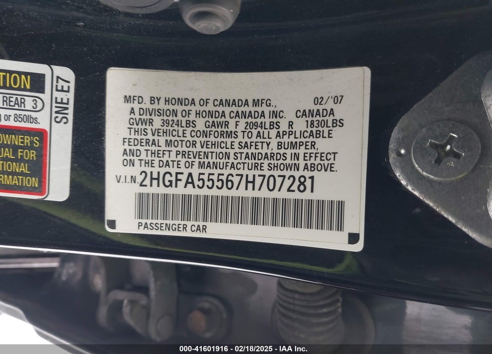 2007 HONDA CIVIC VIN: 2HGFA55567H707281