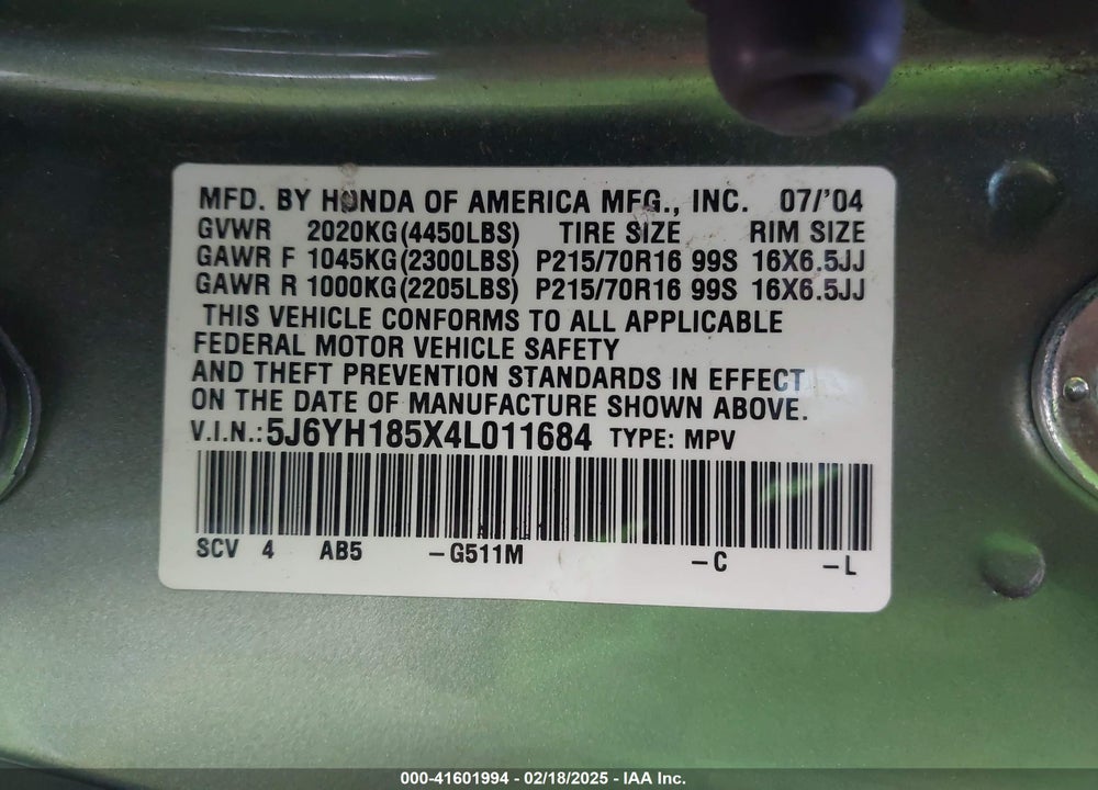 2004 HONDA ELEMENT EX VIN: 5J6YH185X4L011684