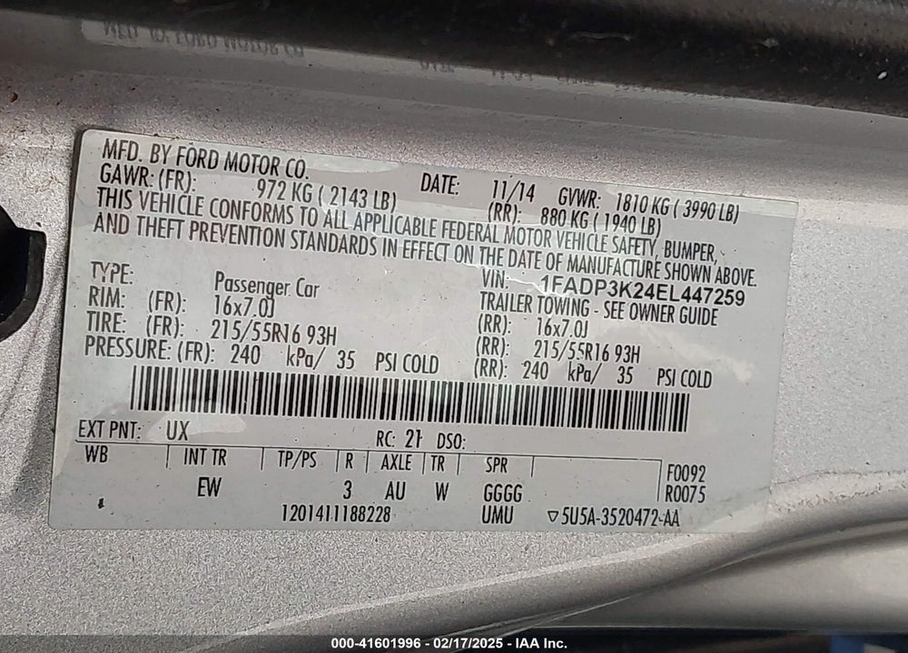 2014 FORD FOCUS VIN: 1FADP3K24EL447259