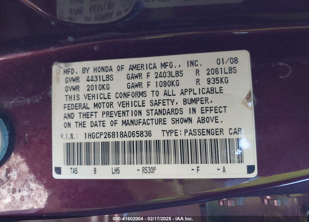 2008 HONDA ACCORD 2.4 EX-L VIN: 1HGCP26818A065836