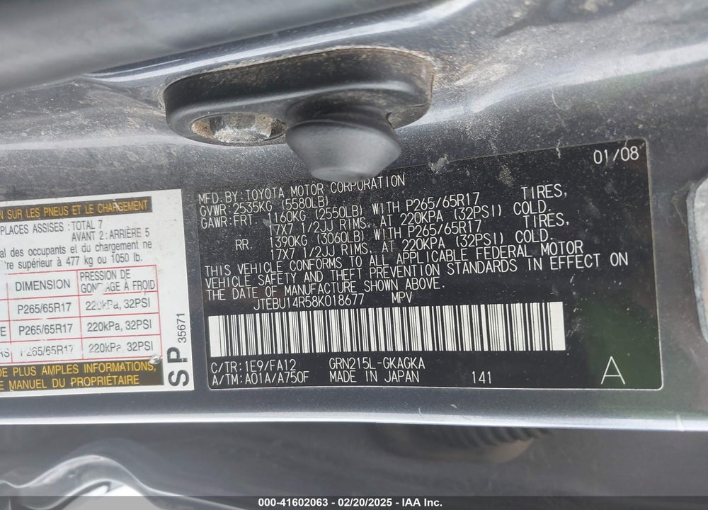 2008 TOYOTA 4RUNNER SR5 V6 VIN: JTEBU14R58K018677