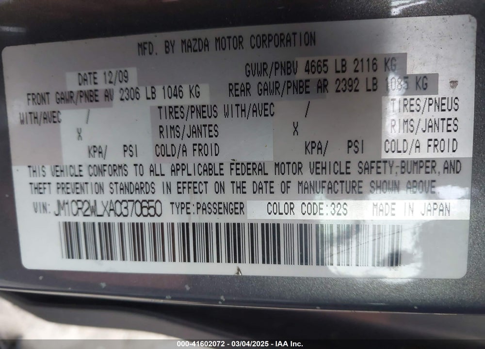 2010 MAZDA 5 VIN: JM1CR2WLXA0370650