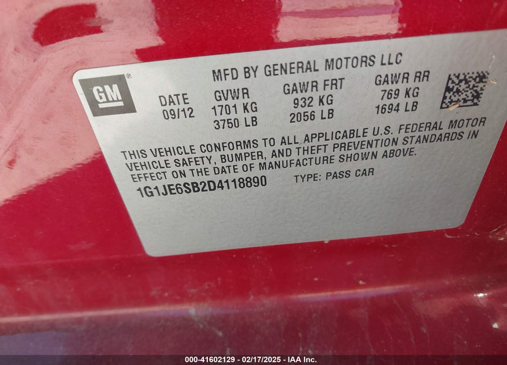 2013 CHEVROLET SONIC VIN: 1G1JE6SB2D4118890
