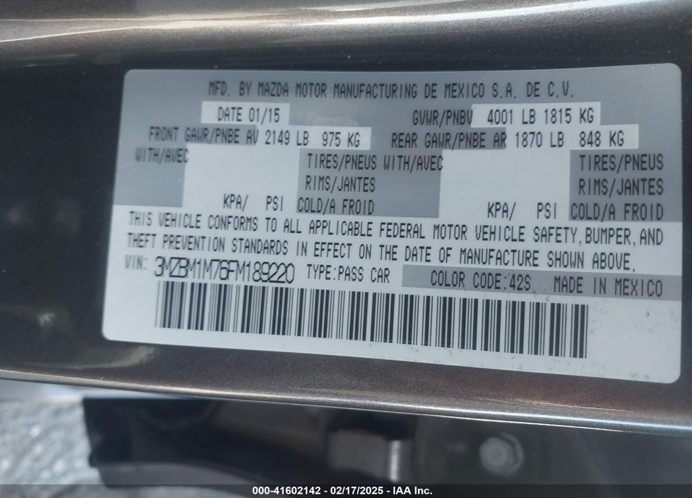 2015 MAZDA MAZDA3 VIN: 3MZBM1M76FM189220