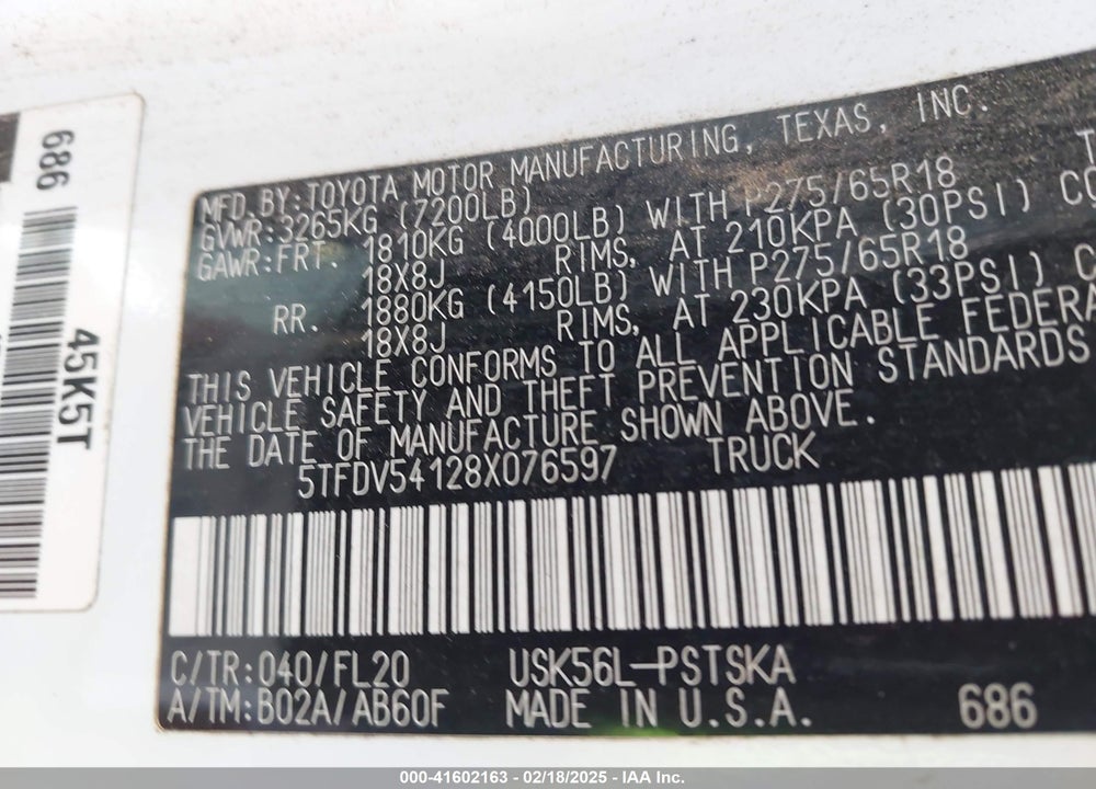 2008 TOYOTA TUNDRA SR5 5.7L V8 VIN: 5TFDV54128X076597