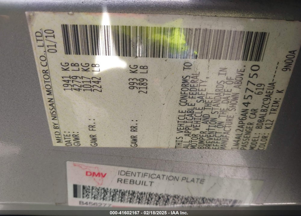 2010 NISSAN ALTIMA VIN: 1N4AL2AP6AN457750