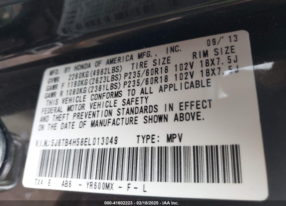 2014 ACURA RDX VIN: 5J8TB4H58EL013049