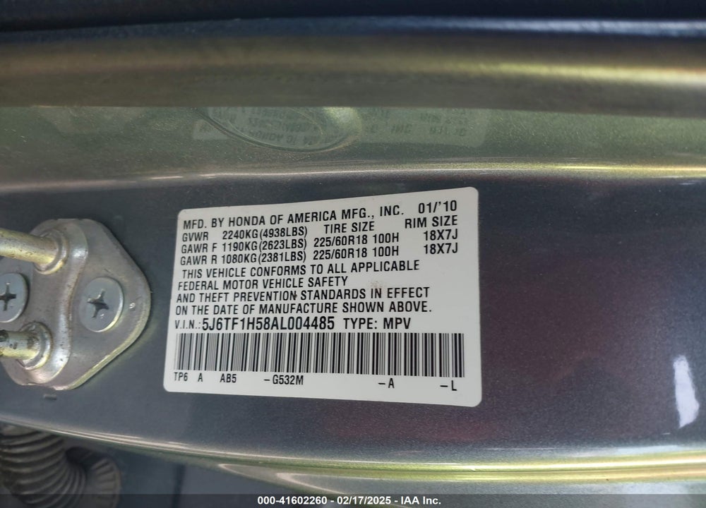 2010 HONDA ACCORD CROSSTOUR EX-L VIN: 5J6TF1H58AL004485