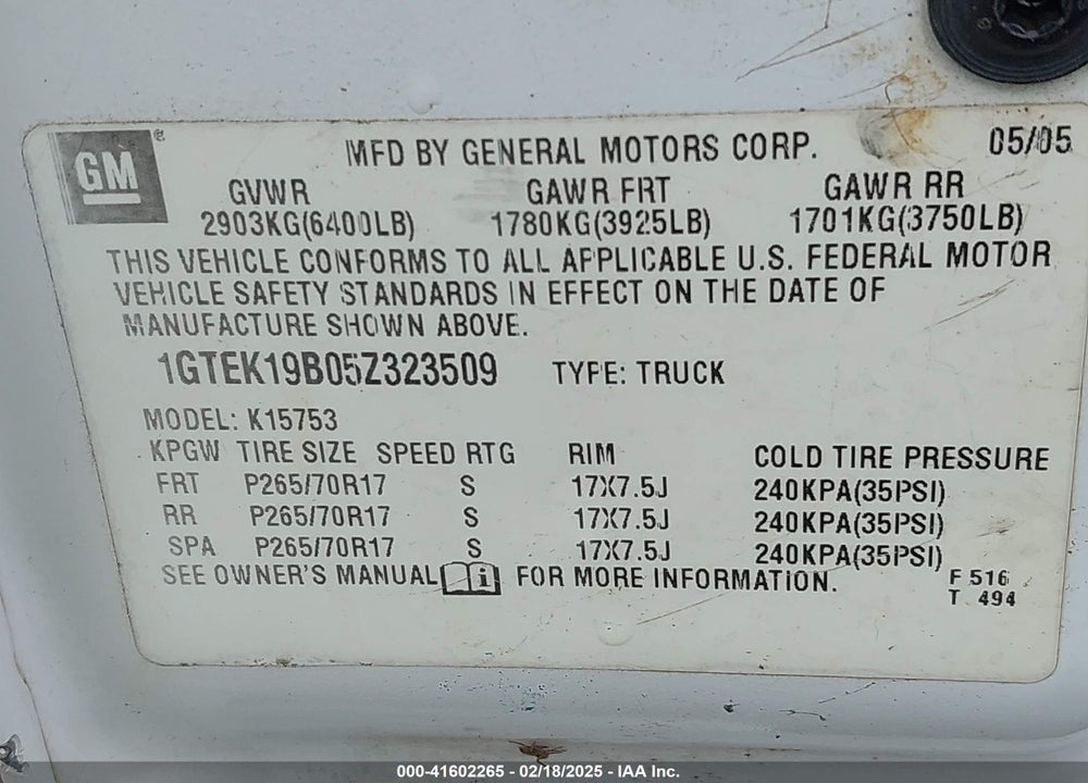 2005 GMC NEW SIERRA VIN: 1GTEK19B05Z323509