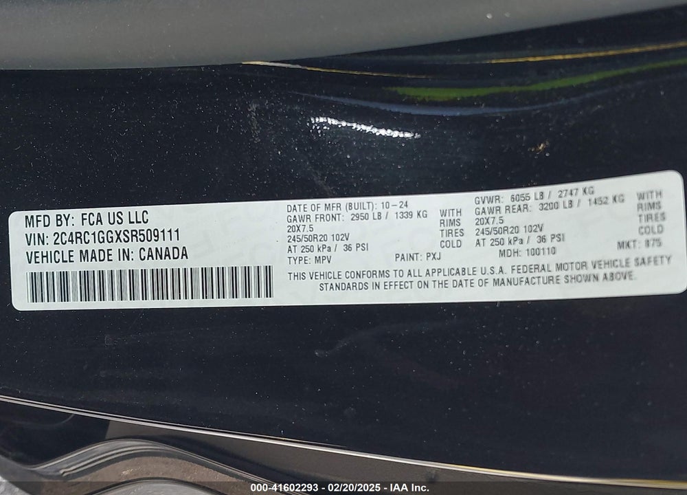 2025 CHRYSLER PACIFICA LIMITED VIN: 2C4RC1GGXSR509111