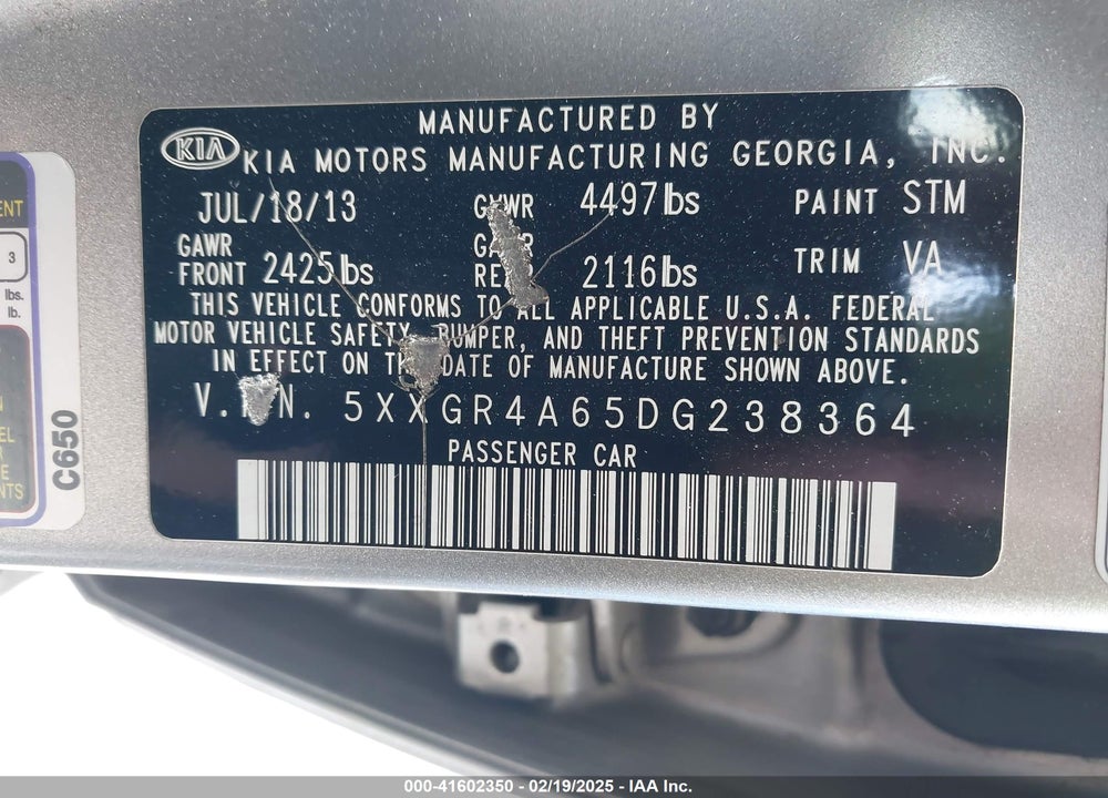 2013 KIA OPTIMA VIN: 5XXGR4A65DG238364