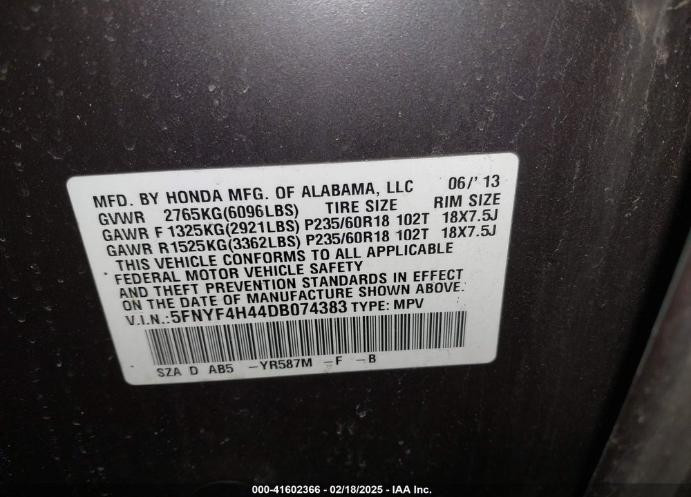 2013 HONDA PILOT EX VIN: 5FNYF4H44DB074383