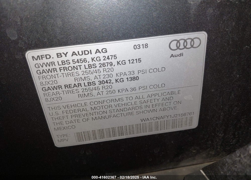 2018 AUDI Q5 2.0T PREMIUM/2.0T TECH PREMIUM VIN: WA1CNAFY1J2156761