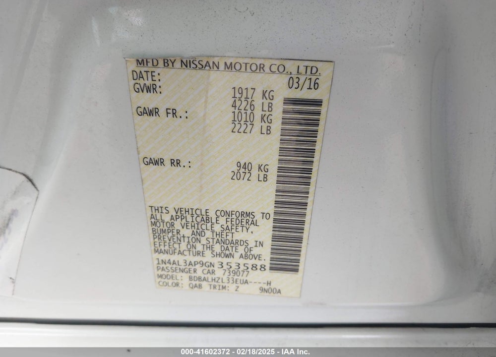 2016 NISSAN ALTIMA VIN: 1N4AL3AP9GN353588
