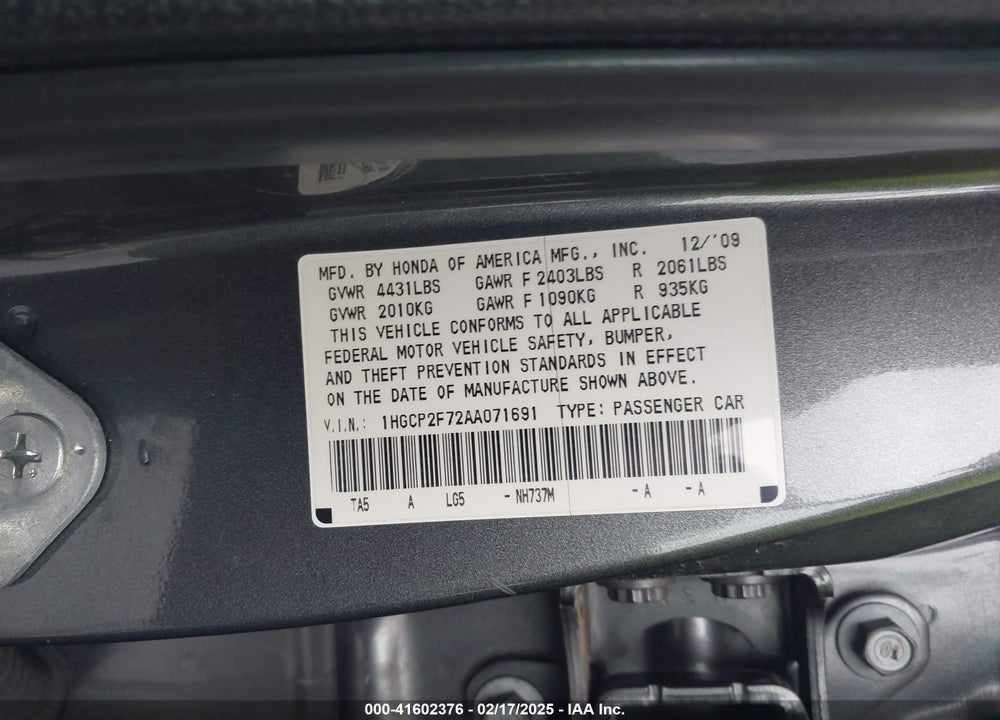 2010 HONDA ACCORD 2.4 EX VIN: 1HGCP2F72AA071691