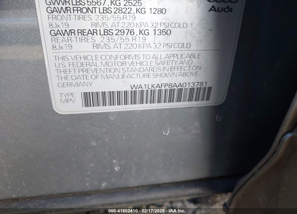 2010 AUDI Q5 VIN: WA1LKAFP8AA013781