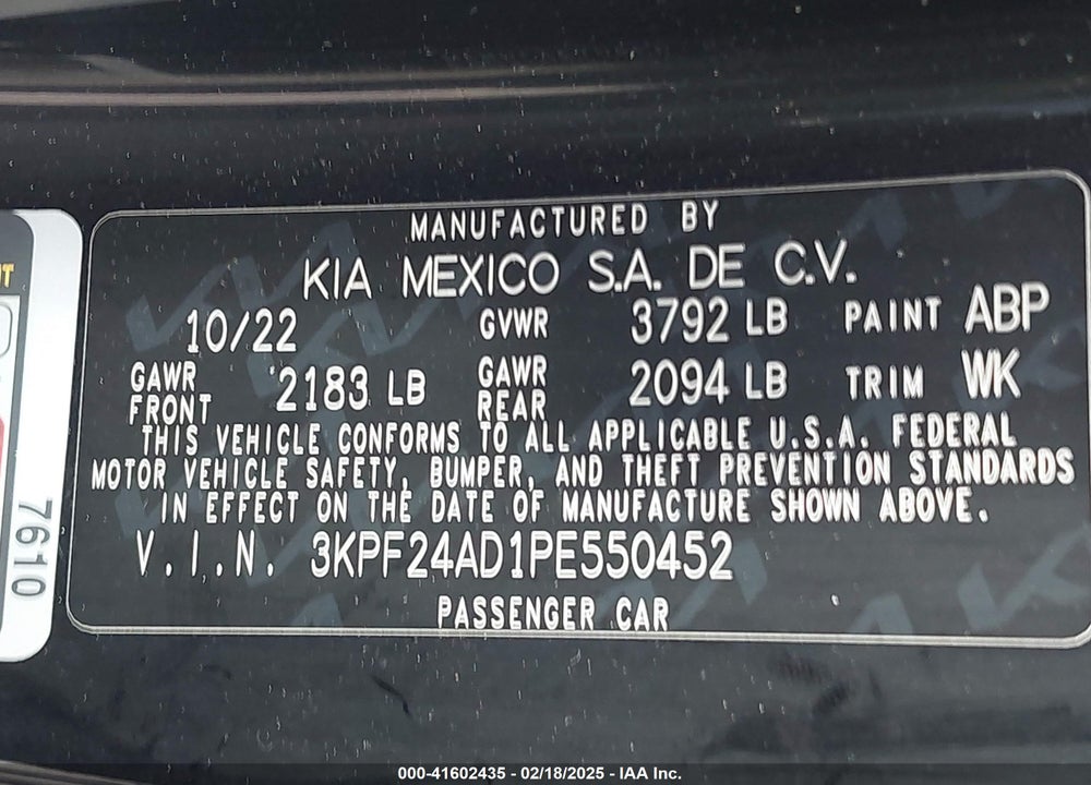 2023 KIA FORTE VIN: 3KPF24AD1PE550452