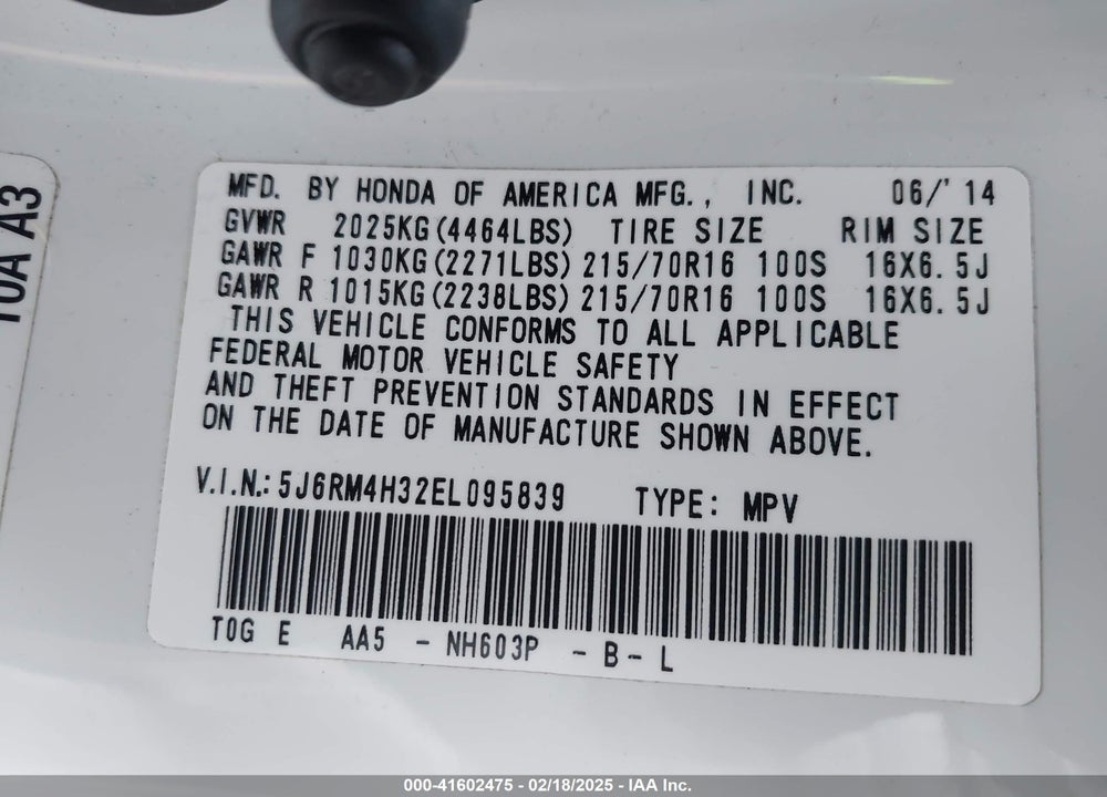 2014 HONDA CR-V VIN: 5J6RM4H32EL095839