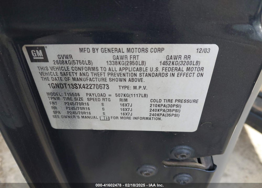 2004 CHEVROLET TRAILBLAZER LS VIN: 1GNDT13SX42270673
