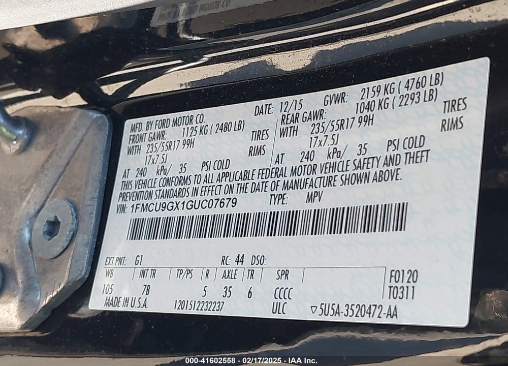 2016 FORD ESCAPE SE VIN: 1FMCU9GX1GUC07679
