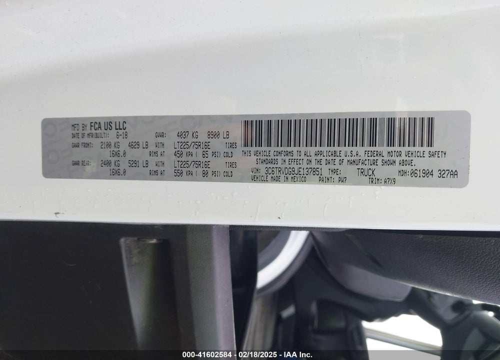 2018 RAM PROMASTER 2500 HIGH ROOF 159 WB VIN: 3C6TRVDG9JE137851