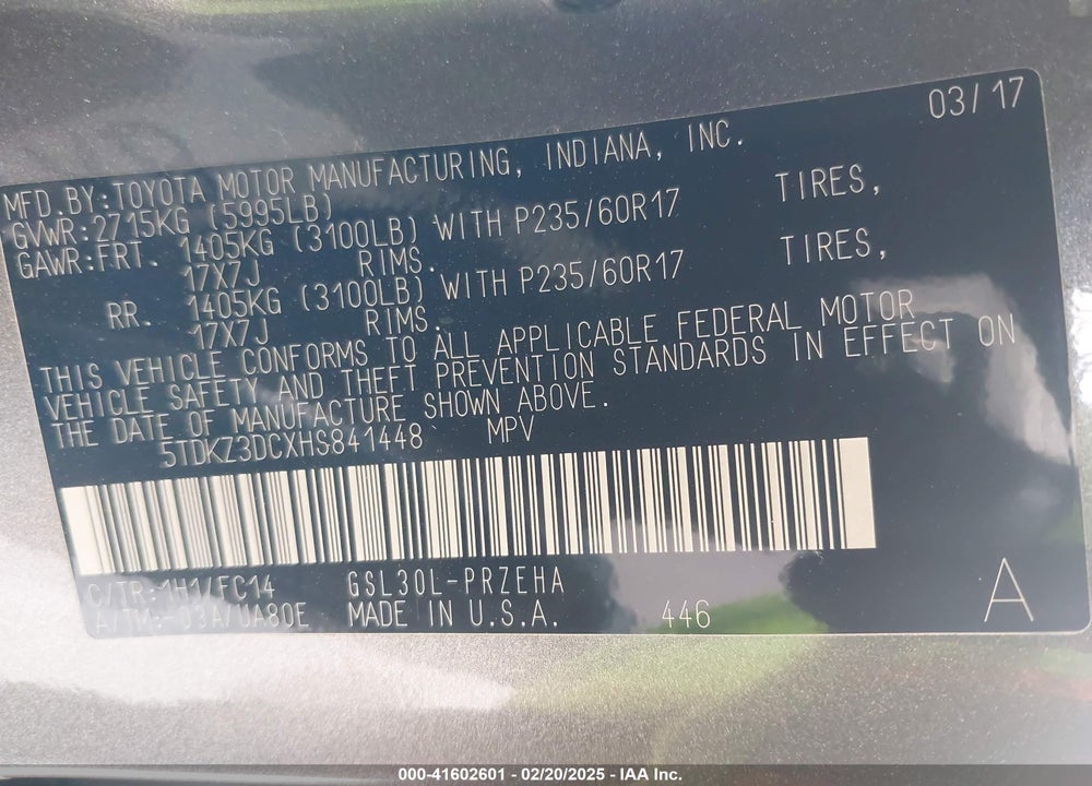 2017 TOYOTA SIENNA LE 8 PASSENGER VIN: 5TDKZ3DCXHS841448