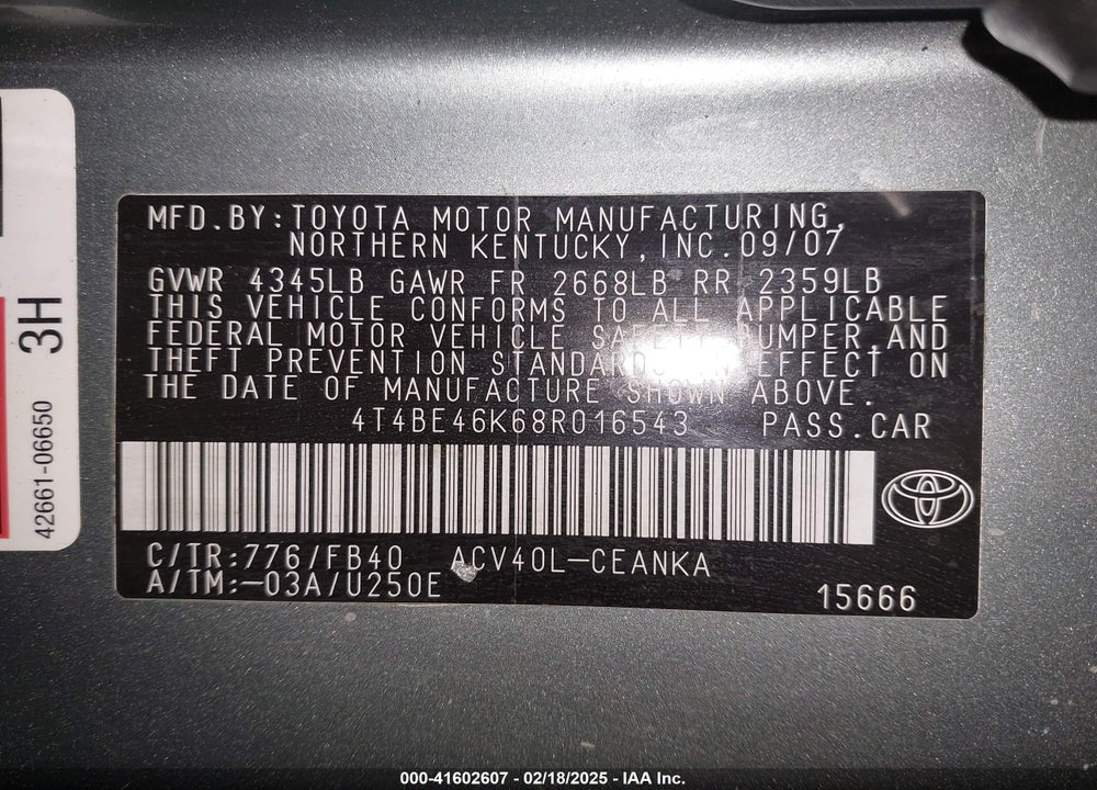 2008 TOYOTA CAMRY LE VIN: 4T4BE46K68R016543