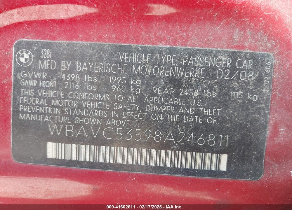 2008 BMW 328I VIN: WBAVC53598A246811