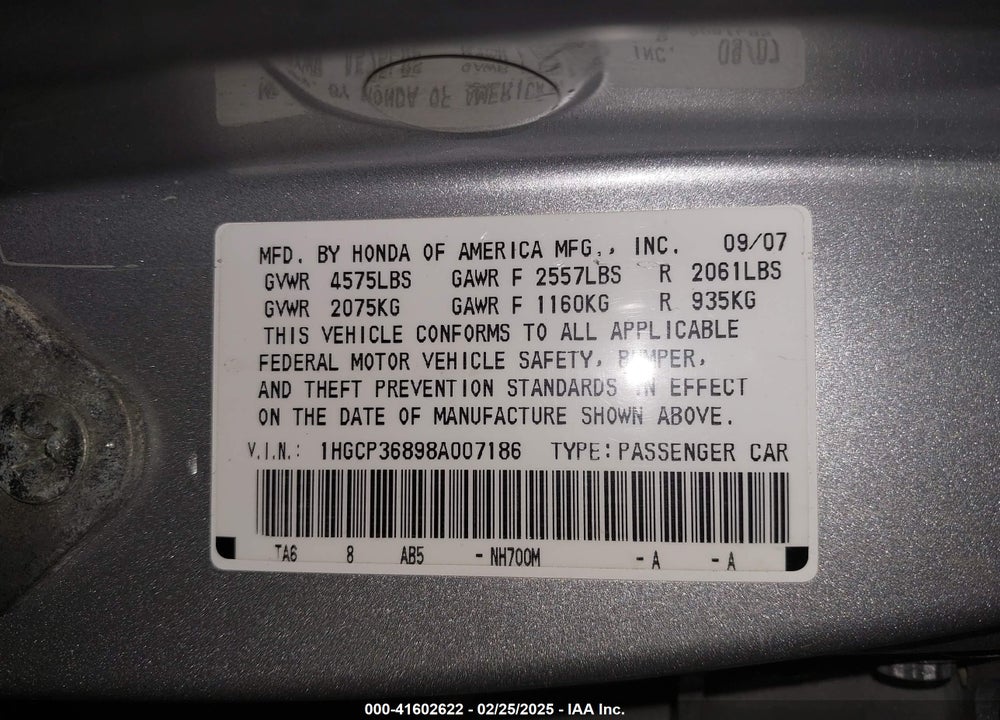 2008 HONDA ACCORD VIN: 1HGCP36898A007186