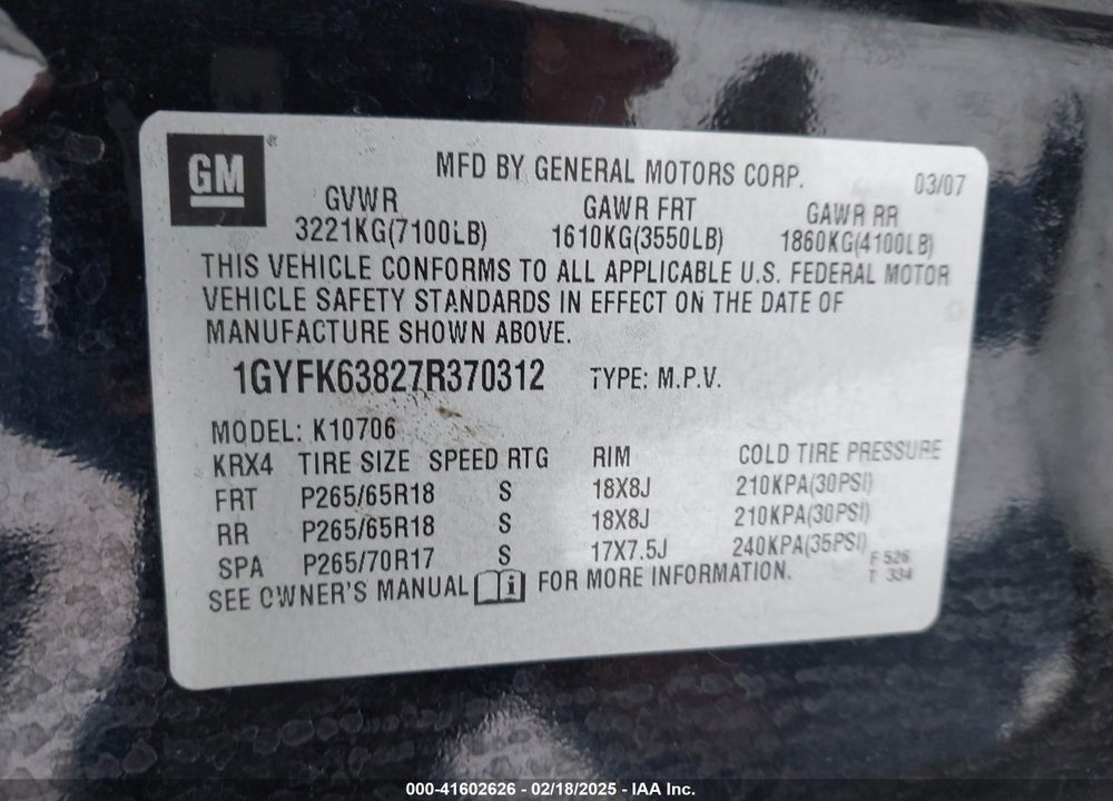 2007 CADILLAC ESCALADE STANDARD VIN: 1GYFK63827R370312