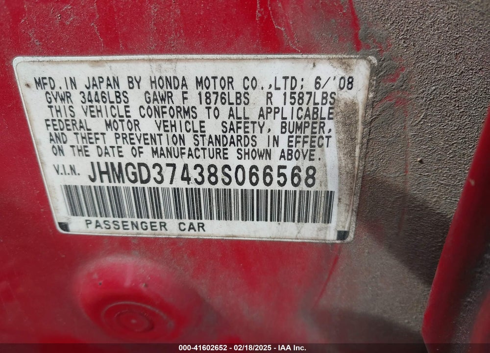 2008 HONDA FIT VIN: JHMGD37438S066568