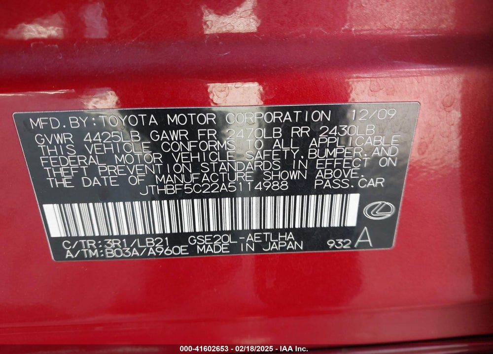 2010 LEXUS IS 250 VIN: JTHBF5C22A5114988