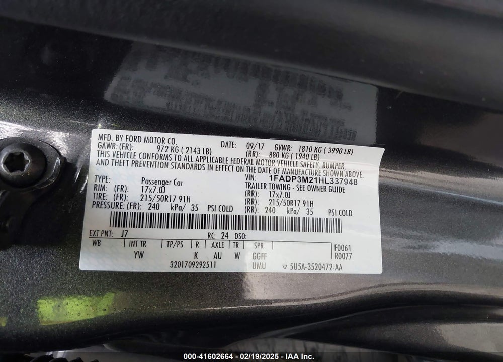 2017 FORD FOCUS VIN: 1FADP3M21HL337948