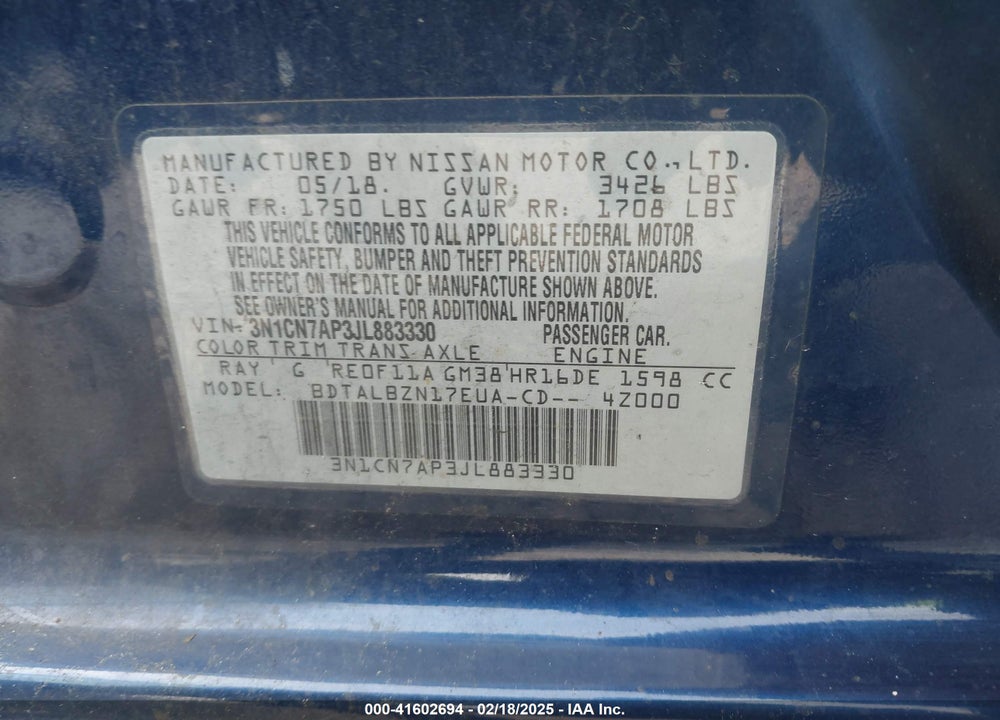 2018 NISSAN VERSA VIN: 3N1CN7AP3JL883330