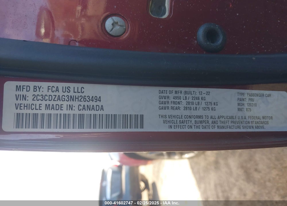 2022 DODGE CHALLENGER VIN: 2C3CDZAG3NH263494
