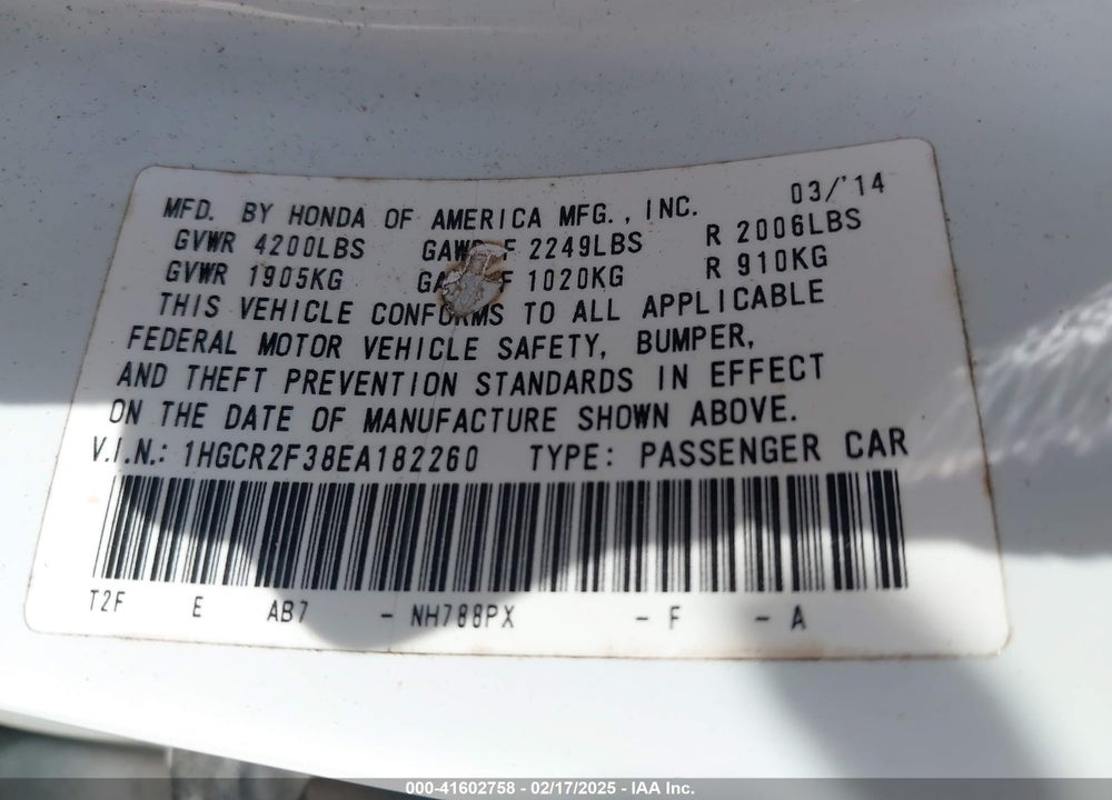 2014 HONDA ACCORD VIN: 1HGCR2F38EA182260