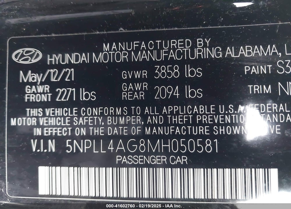 2021 HYUNDAI ELANTRA VIN: 5NPLL4AG8MH050581