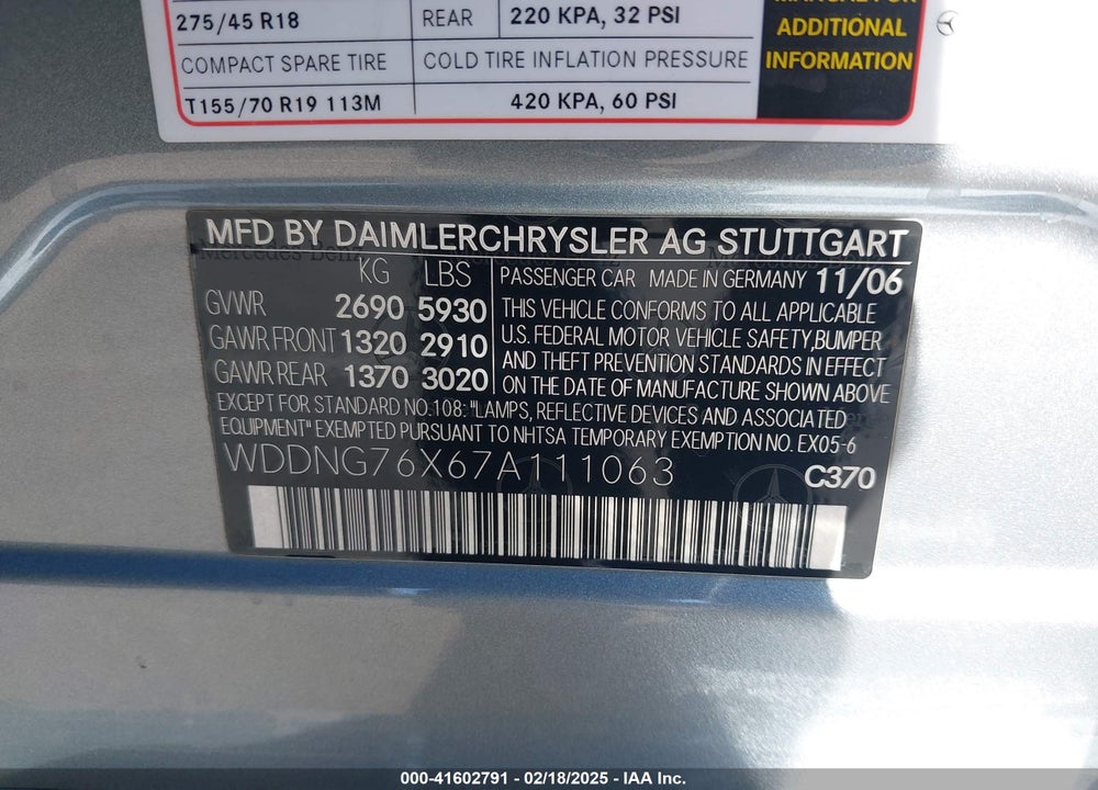 2007 MERCEDES-BENZ S 600 VIN: WDDNG76X67A111063