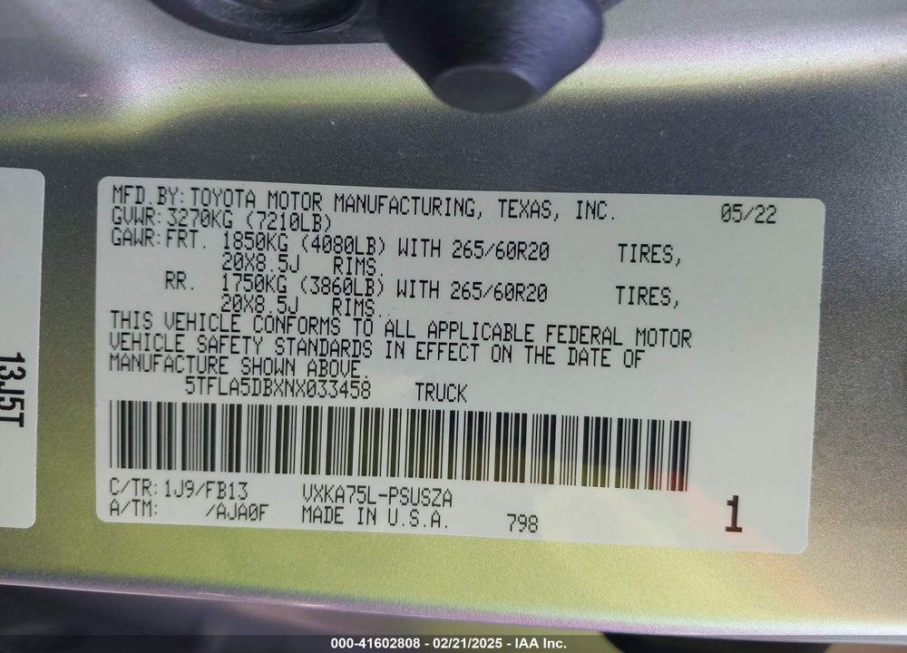 2022 TOYOTA TUNDRA VIN: 5TFLA5DBXNX033458