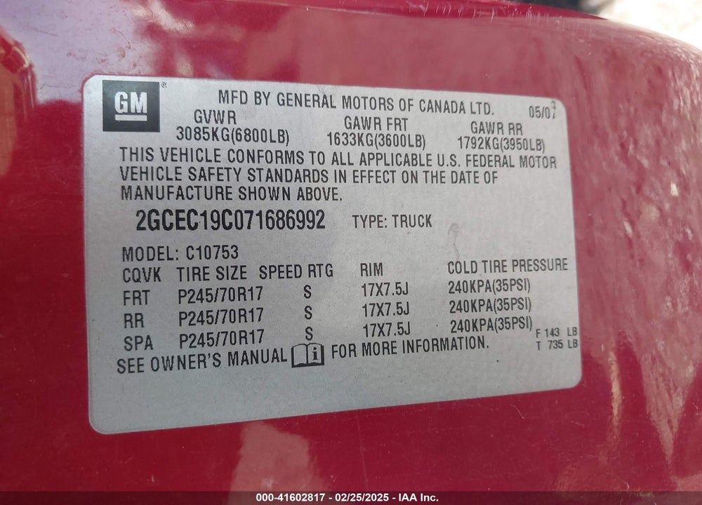 2007 CHEVROLET SILVERADO 1500 LT1 VIN: 2GCEC19C071686992