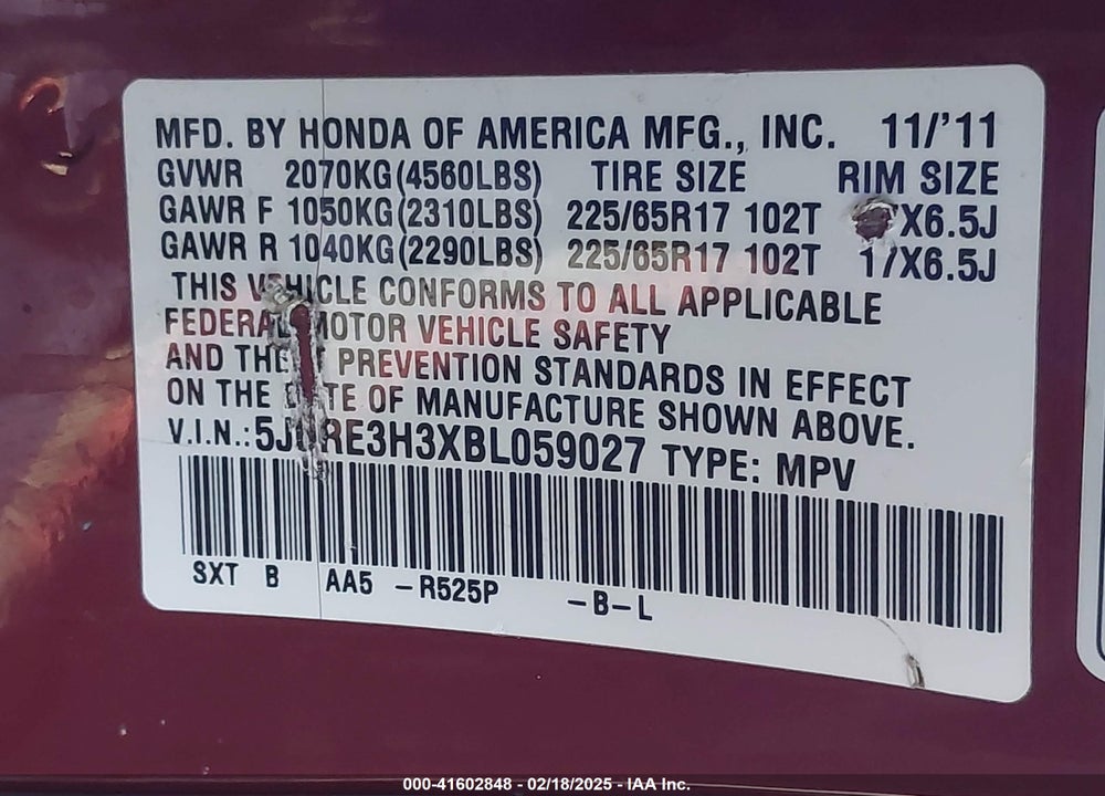 2011 HONDA CR-V LX VIN: 5J6RE3H3XBL059027