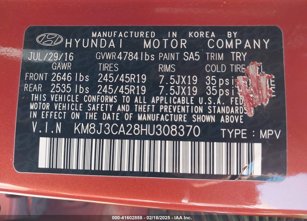 2017 HYUNDAI TUCSON LIMITED VIN: KM8J3CA28HU308370