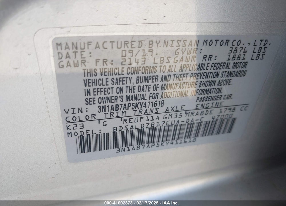 2019 NISSAN SENTRA VIN: 3N1AB7AP5KY411618