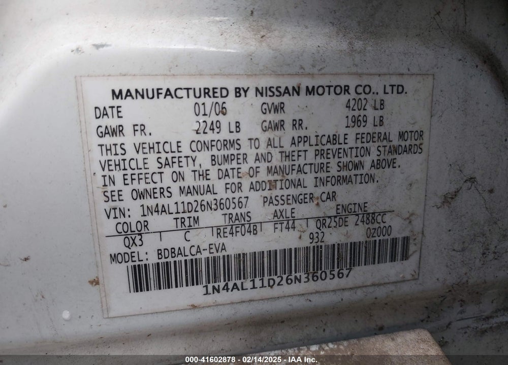 2006 NISSAN ALTIMA 2.5 S VIN: 1N4AL11D26N360567
