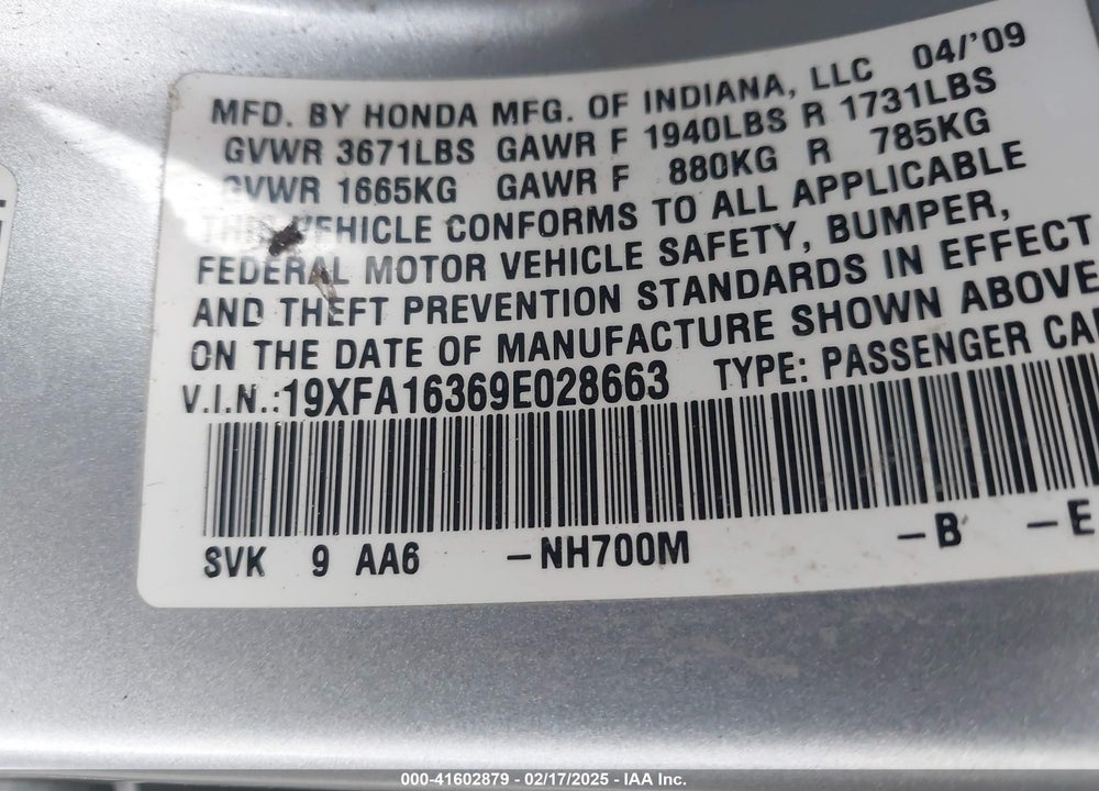 2009 HONDA CIVIC VP VIN: 19XFA16369E028663