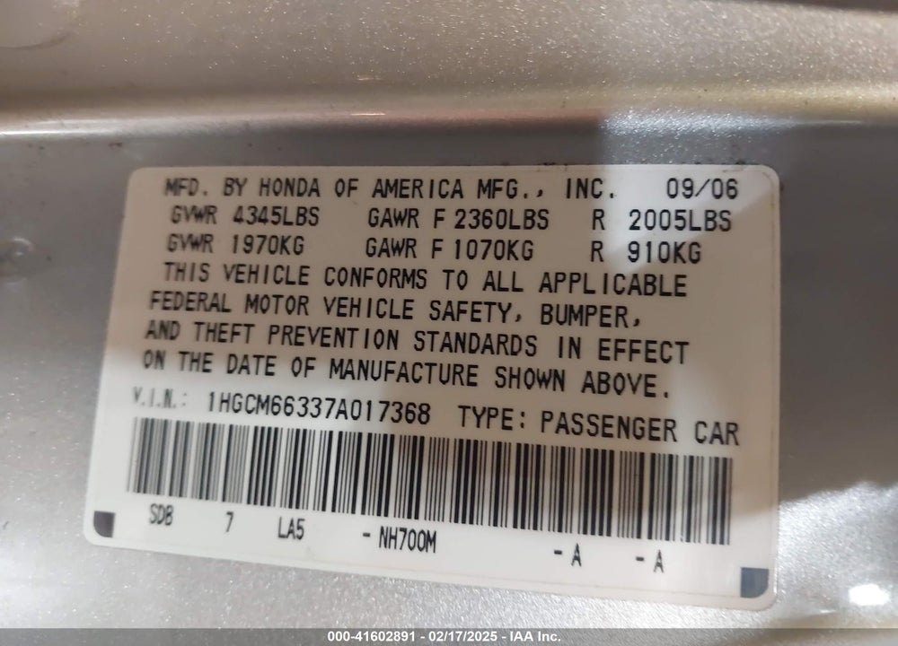 2007 HONDA ACCORD VIN: 1HGCM66337A017368